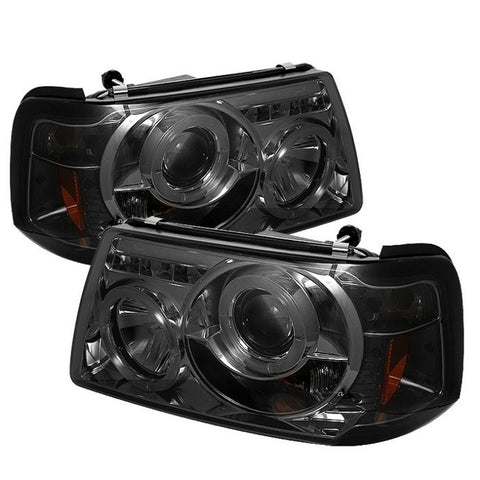 Ford Ranger 01-11 1PC Projector Headlights - LED Halo - LED ( Replaceable LEDs ) - Smoke - High H1 (Included) - Low H1 (Included)