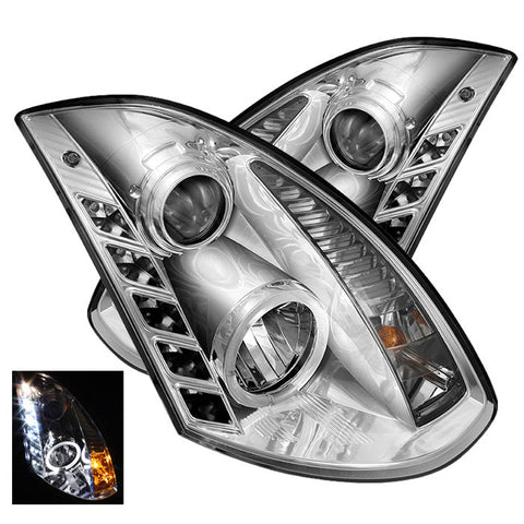 Infiniti G35 03-07 2DR Projector Headlights - Halogen Model Only  - LED Halo - DRL - Chrome - High H4 (Included) - Low H7 (Included) -g