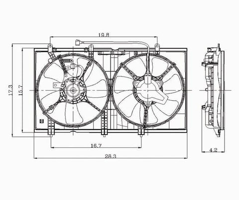 Mitsubishi 03-07 Mitsubishi Lancer 2.0L Radiator & Condenser Cooling Fan Assembly (1) Pc Replacement 2003,2004,2005,2006,2007