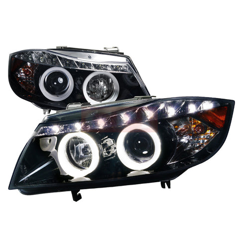 Bmw 05-08 Bmw E90 Smd Led Iced Halo Projector Headlight Smoked Lens Glossy Black Housing