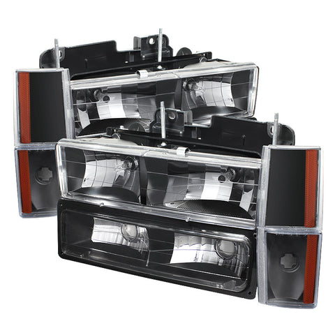 GMC Yukon 92-93 (dont fit model w/sealed beam headlights) Crystal Headlights W/ Corner & Bumper - Black Euro Headlights-n