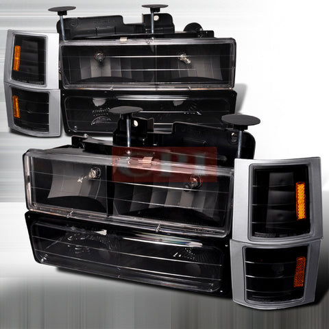 CHEVROLET/ CHEVY 94-98 C10 - BLACK 8 PC HEAD LIGHTS/ LAMPS & CORNER & BUMPER LIGHTS - COMBO  1 SET RH & LH