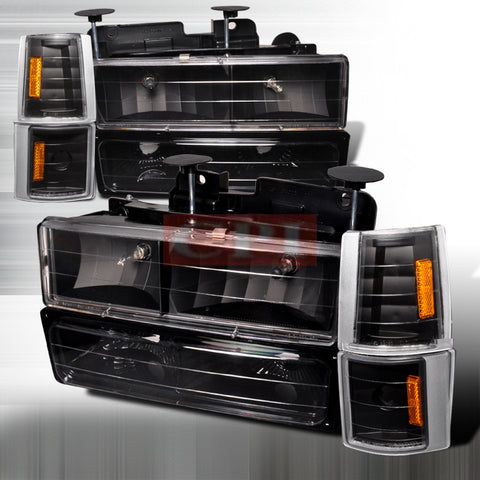 CHEVROLET/ CHEVY 94-98 GMC PICK UP - BLACK 8 PC HEAD LIGHTS/ LAMPS & CORNER LIGHTS & BUMPER LIGHTS -COMBO  1 SET RH & LH