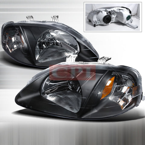 Honda 1999-2000 Honda Civic Jdm Black Headlights/ Head Lamps-Euro Style-p