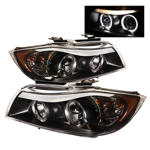 BMW E90 3-SERIES 06-08 4DR Projector Headlights - LED Halo - Amber Reflector - Replaceable Eyebrow Bulb - Black - High H1 (Included) -f