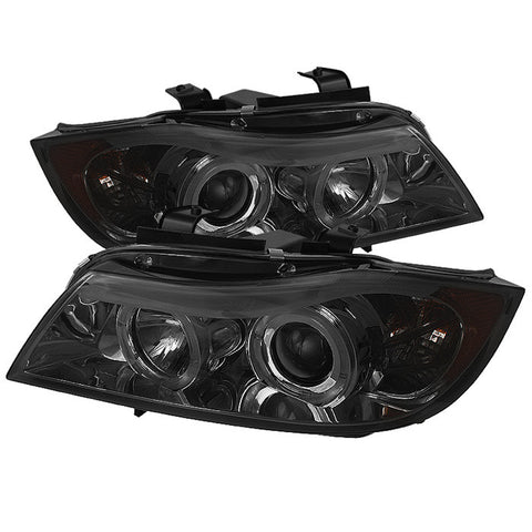 BMW E90 3-SERIES 06-08 4DR Projector Headlights - LED Halo - Amber Reflector - Replaceable Eyebrow Bulb - Smoke- High H1 (Included) -h