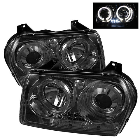 Chrysler 300 05-08 Projector Headlights - LED Halo - LED ( Replaceable LEDs ) - Smoke - High H1 (Included) - Low 9006 (Not Included)