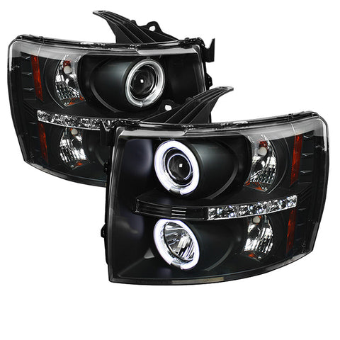 Chevy Silverado 1500/2500/3500 07-13 Projector Headlights - CCFL Halo - LED ( Replaceable LEDs ) - Black - High H1 (Included) - Low H1 (Included)