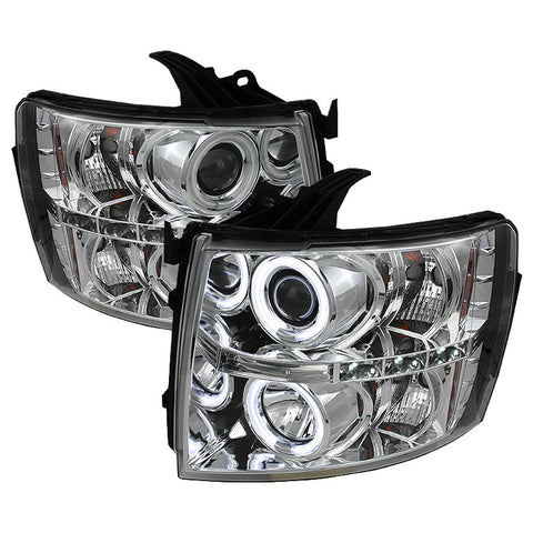 Chevy Silverado 1500/2500/3500 07-13 Projector Headlights - CCFL Halo - LED ( Replaceable LEDs ) - Chrome - High H1 (Included) - Low H1 (Included)