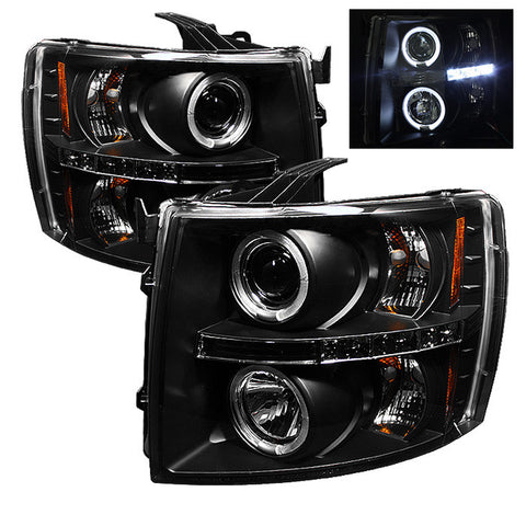 Chevy Silverado 1500/2500/3500 07-13 Projector Headlights - LED Halo - LED ( Replaceable LEDs ) - Black - High H1 (Included) - Low H1 (Included)