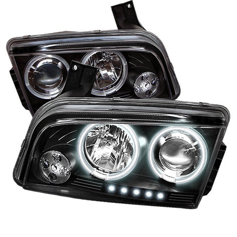 Dodge Charger 06-10 Projector Headlights - Halogen Model Only  - CCFL Halo - LED  - Black - High H1 (Included) - Low 9006 (Not Included) -c