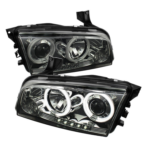 Dodge Charger 06-10 Projector Headlights - Halogen Model Only  - CCFL Halo - LED  - Smoke -  High H1 (Included) - Low 9006 (Not Included) -e