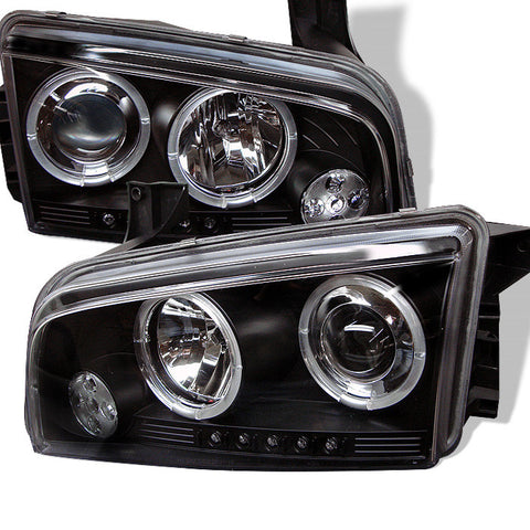 Dodge Charger 06-10 Projector Headlights - Halogen Model Only  - LED Halo - LED  - Black -  High H1 (Included) - Low 9006 (Not Included) -f