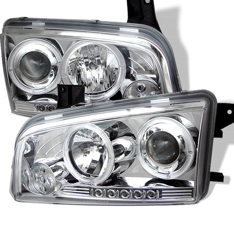 Dodge Charger 06-10 Projector Headlights - Halogen Model Only  - LED Halo - LED  - Chrome -  High H1 (Included) - Low 9006 (Not Included) -g