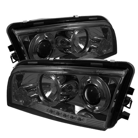 Dodge Charger 06-10 Projector Headlights - Halogen Model Only  - LED Halo - LED  - Smoke -  High H1 (Included) - Low 9006 (Not Included) -h