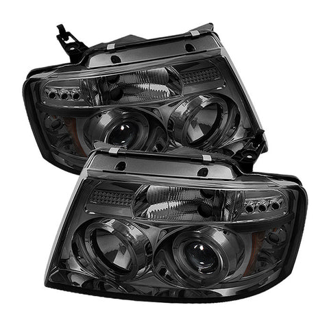 Ford F150 04-08 Projector Headlights - Version 2 - LED Halo - LED ( Replaceable LEDs ) - Smoke - High H1 - Low H1