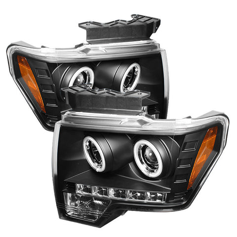 Ford F150 09-13 Projector Headlights - Halogen Model Only  - CCFL Halo - LED  - Black - High H1 (Included) - Low H1 (Included) -w