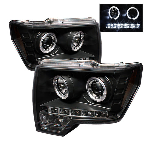 Ford F150 09-13 Projector Headlights - Halogen Model Only  - LED Halo - LED  - Black - High H1 (Included) - Low H1 (Included) -z