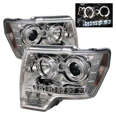 Ford F150 09-13 Projector Headlights - Halogen Model Only  - LED Halo - LED  - Chrome - High H1 (Included) - Low H1 (Included) -a