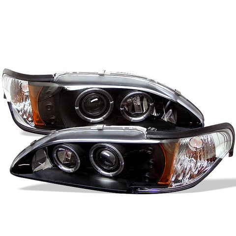 Ford Mustang 94-98 1PC Projector Headlights - LED Halo - Amber Reflector - LED ( Replaceable LEDs ) - Black - High H1 (Included) - Low H1 (Included)