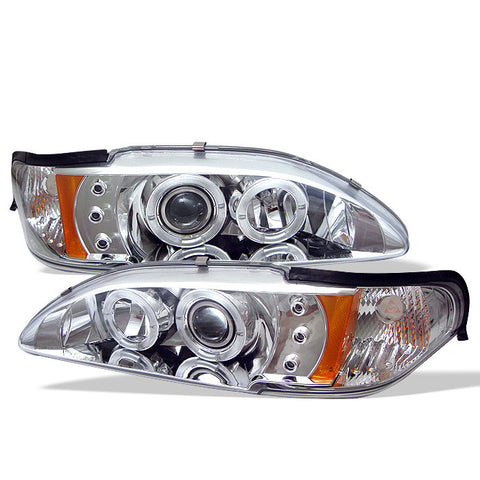 Ford Mustang 94-98 1PC Projector Headlights - LED Halo - Amber Reflector - LED ( Replaceable LEDs ) - Chrome - High H1 (Included) - Low H1 (Included)