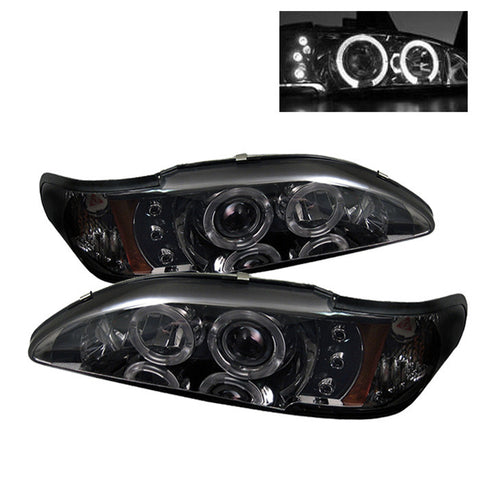 Ford Mustang 94-98 1PC Projector Headlights - LED Halo - Amber Reflector - LED ( Replaceable LEDs ) - Smoke - High H1 (Included) - Low H1 (Included)