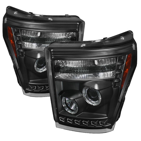 Ford F250/350/450 Super Duty 11-13 Projector Headlights - LEDHalo - DRL - Black - High H1 (Included) - Low 9006 (included)