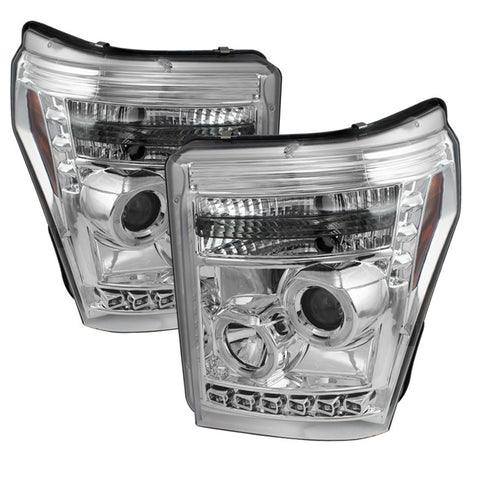 Ford F250/350/450 Super Duty 11-13 Projector Headlights - LED Halo - DRL - Chrome - High H1 (Included) - Low 9006 (included)