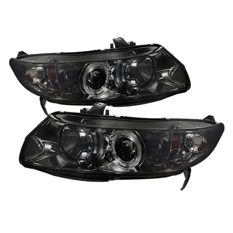 Honda Civic 06-08 2Dr Projector Headlights - LED Halo - Smoke - High H1 (Included) - Low H1 (Included)