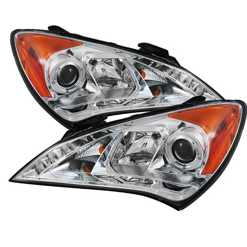 Hyundai Genesis 10-12 Projector Headlights - Halogen Model Only  - LED Halo - DRL - Chrome - High H1 (Included) - Low H7 (Included) -b