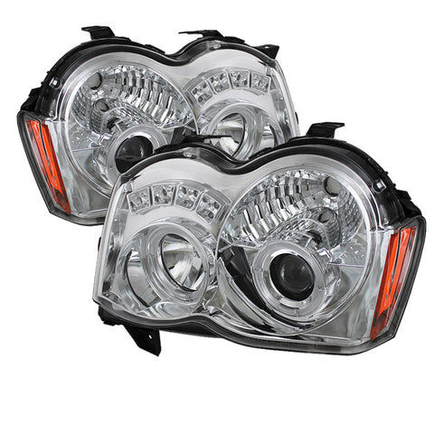 Jeep Grand Cherokee 08-10 Projector Headlights - LED Halo - LED ( Replaceable LEDs ) - Chrome - High H1 (Included) - Low 9006 (Not Included)