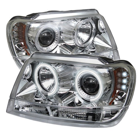 Jeep Grand Cherokee 99-04 Projector Headlights - CCFL Halo - LED ( Replaceable LEDs ) - Chrome - High H1 (Included) - Low 9006 (Not Included)