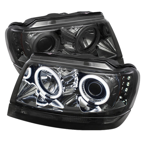 Jeep Grand Cherokee 99-04 Projector Headlights - CCFL Halo - LED ( Replaceable LEDs ) - Smoke - High H1 (Included) - Low 9006 (Not Included)