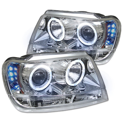 Jeep Grand Cherokee 99-04 Projector Headlights - LED Halo - LED ( Replaceable LEDs ) - Chrome - High H1 (Included) - Low 9006 (Not Included)