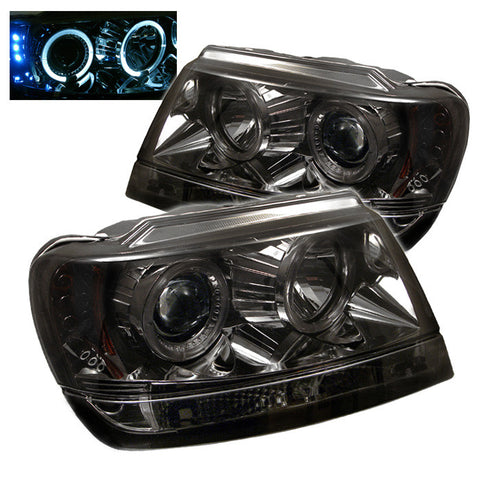 Jeep Grand Cherokee 99-04 Projector Headlights - LED Halo - LED ( Replaceable LEDs ) - Smoke - High H1 (Included) - Low 9006 (Not Included)