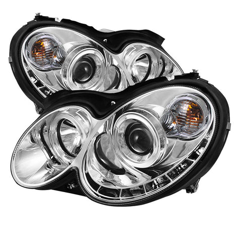 Mercedes Benz CLK 03-09 Projector Headlights - Halogen Model Only  - LED Halo - DRL - Chrome - High H1 (Included) - Low H7 (Included) -s