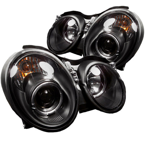 Mercedes Benz CLK 98-02 Projector Headlights - Halogen Model Only  - LED Halo - Black - High H1 (Included) - Low H7 (Included) -v