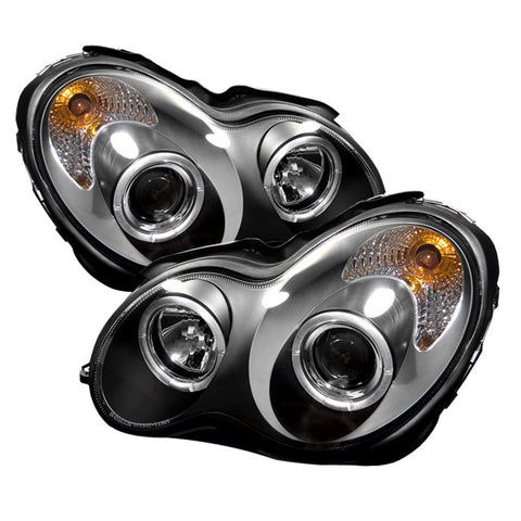 Mercedes Benz C-Class 01-05 Projector Headlights - Halogen Model Only  - LED Halo - Black - High H1 (Included) - Low H7 (Included) -f