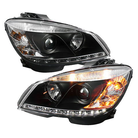 Mercedes Benz C-Class 08-11 Projector Headlights - Halogen Model Only  - DRL - Black - High H1 (Included) - Low H7 (Included) -h