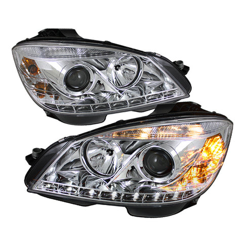 Mercedes Benz C-Class 08-11 Projector Headlights - Halogen Model Only  - DRL - Chrome - High H1 (Included) - Low H7 (Included) -i