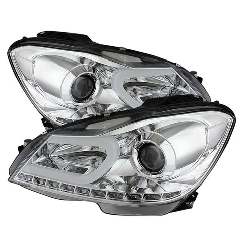 Mercedes Benz W204 C-Class 12-13 Projector Headlights - Halogen Model Only  - DRL - Chrome - High H1 (Included) - Low H7 (Included) -k