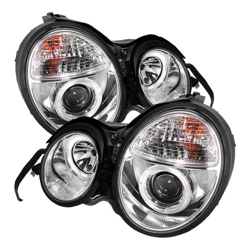 Mercedes Benz E-Class 95-99 Projector Headlights - LED Halo - Chrome - High H1 (Included) - Low H7 (Included)