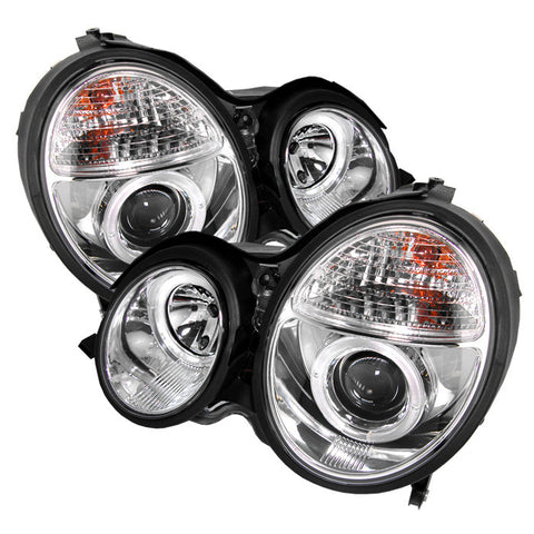 Mercedes Benz E-Class 00-02 Projector Headlights - LED Halo - Chrome - High H1 (Included) - Low H7 (Included)