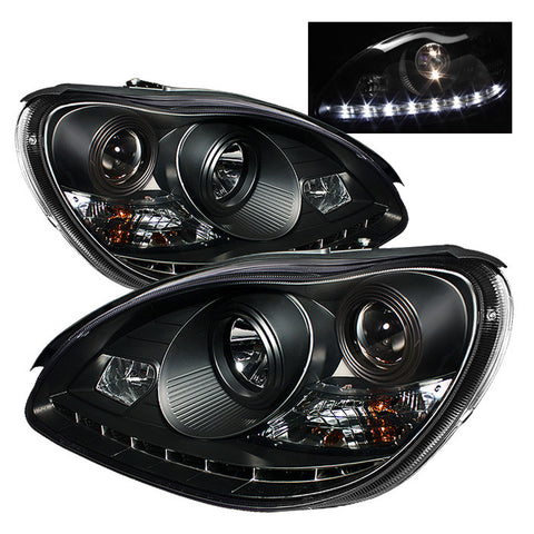 Mercedes Benz S-Class 00-06 Projector Headlights - Halogen Model Only  - DRL - Black - High H1 (Included) - Low H7 (Included) -b