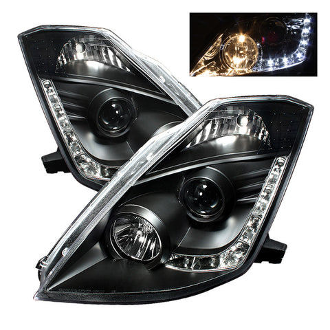 Nissan 350Z 03-05 Projector Headlights - Halogen Model Only  - DRL - Black - High H1 (Included) - Low H7 (Included) -l