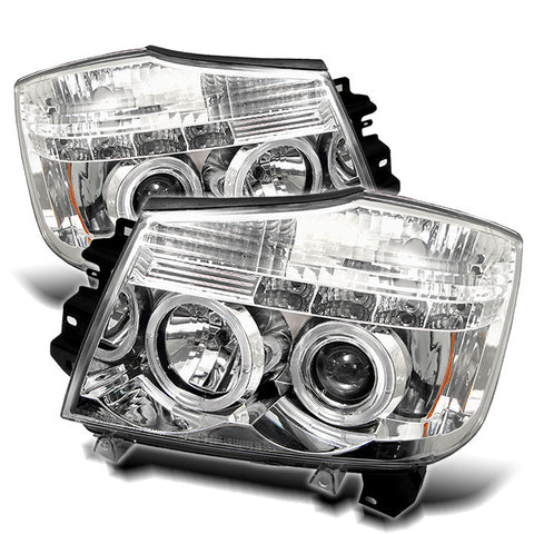 Nissan Titan 04-13 / Nissan Armada 04-07 Projector Headlights - LED Halo - LED ( Replaceable LEDs ) - Chrome - High H1 (Included) - Low H1 (Included)
