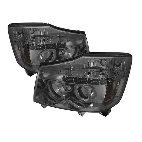 Nissan Titan 04-13 / Nissan Armada 04-07 Projector Headlights - LED Halo - LED ( Replaceable LEDs ) - Smoke - High H1 (Included) - Low H1 (Included)
