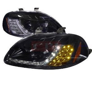 Honda Civic R8 Style Smoked Lens Gloss Black Amber Led Signal Projector Headlights-n