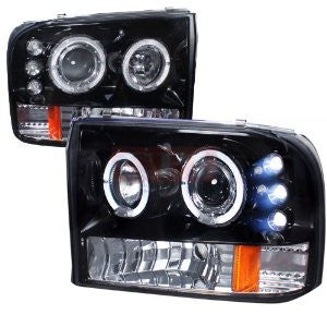 Ford 99-04 F250 Halo Projector Headlight Gloss Black Housing Smoke Lens Performance 1 Set Rh & Lh 1999,2000,2001,2002,2003,2004