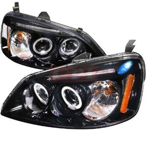 Honda 01-03 Civic Halo Projector Headlight Gloss Black Housing Smoke Lens Performance 1 Set Rh & Lh 2001,2002,2003